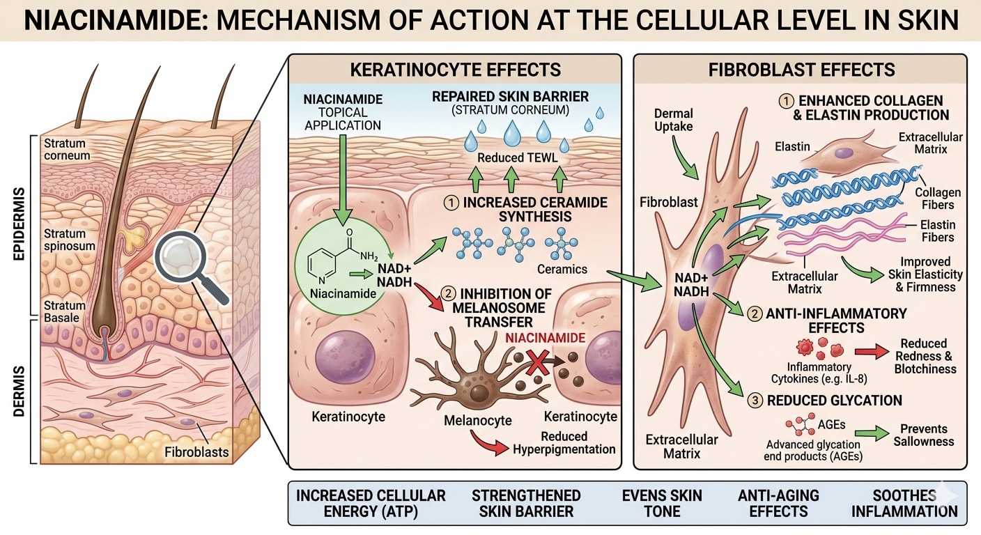 Scientific diagram showing niacinamide working at cellular level in skin
