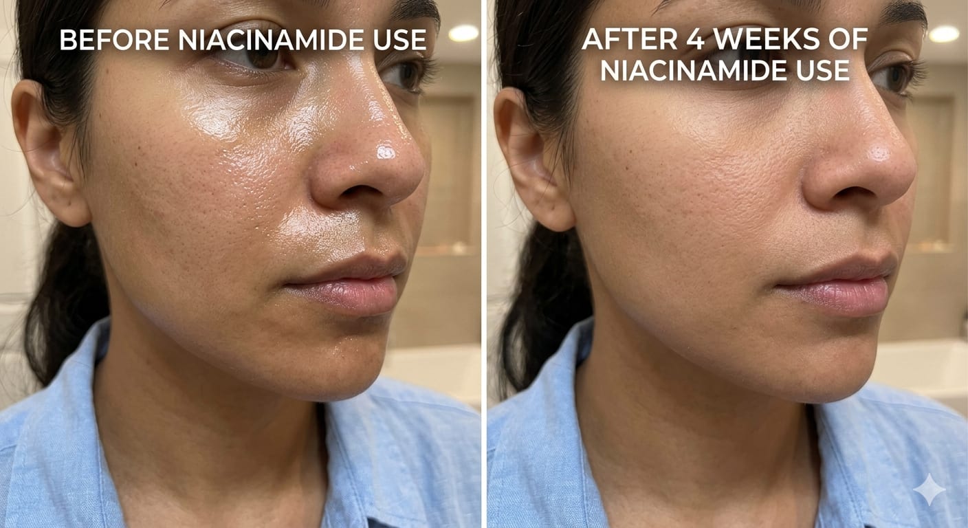 Comparison showing reduced oil and shine after niacinamide use
