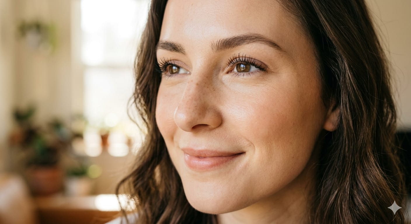 Close-up of woman's face showing minimized pores and smooth skin texture