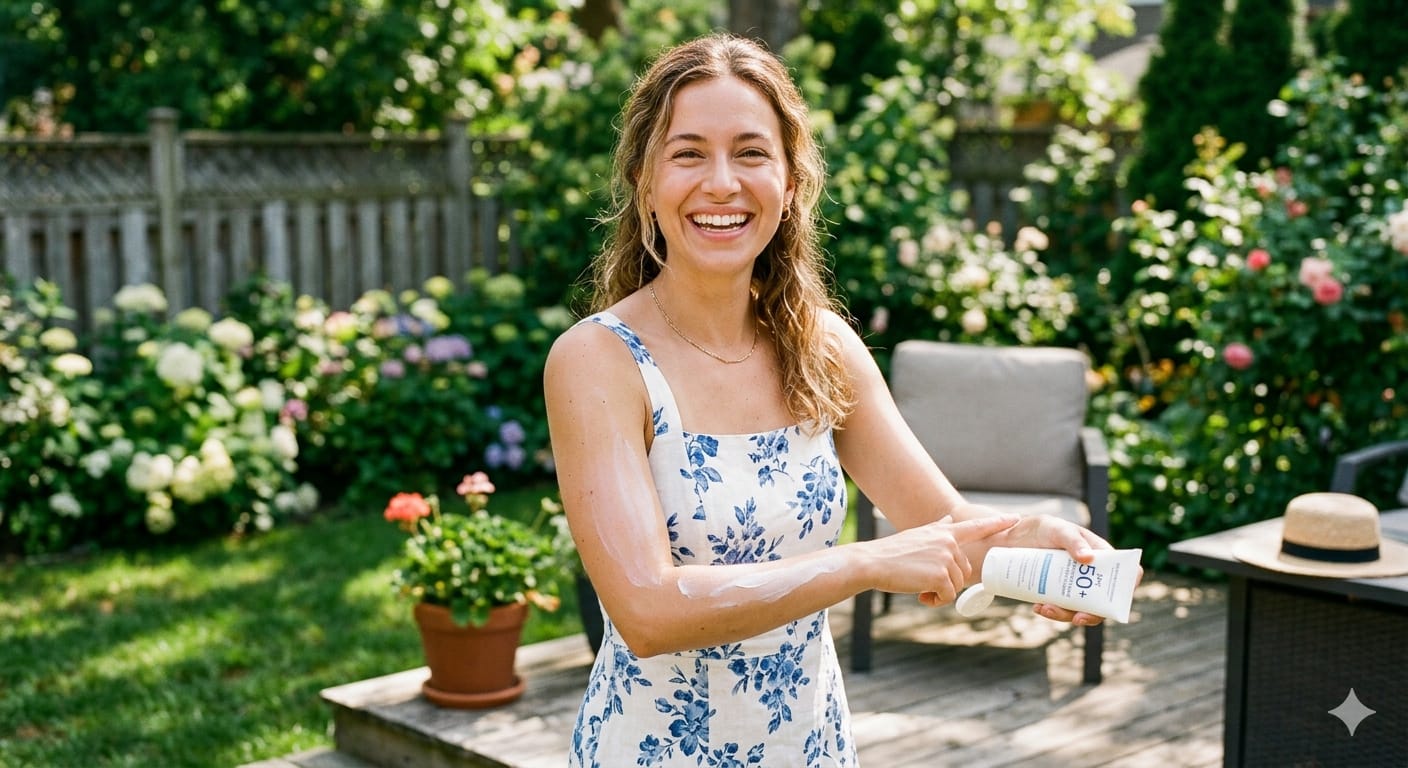 Happy woman applying sunscreen daily for skin protection