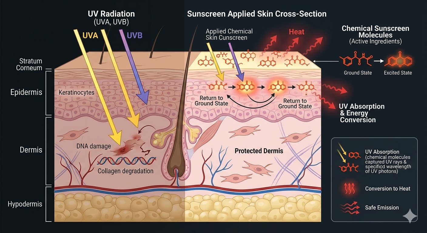 Diagram showing chemical sunscreen absorbing UV rays into skin