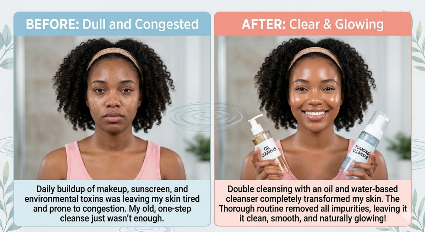 Woman with clear glowing skin transformation from double cleansing