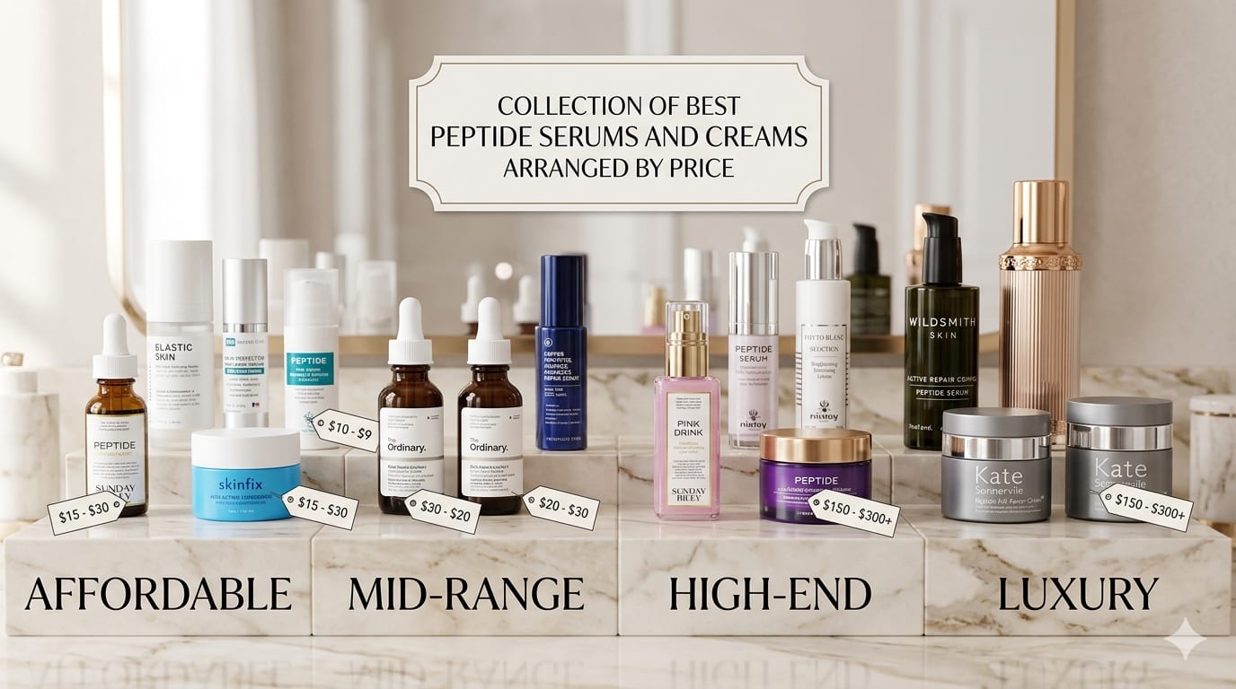 Collection of best peptide serums and creams arranged by price