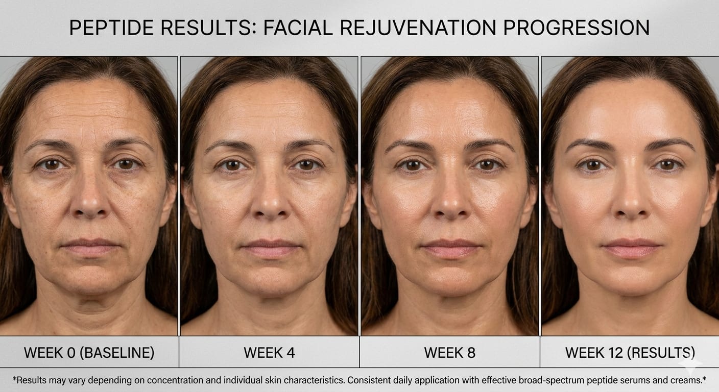 Before and after photos showing peptide results at 4, 8, and 12 weeks