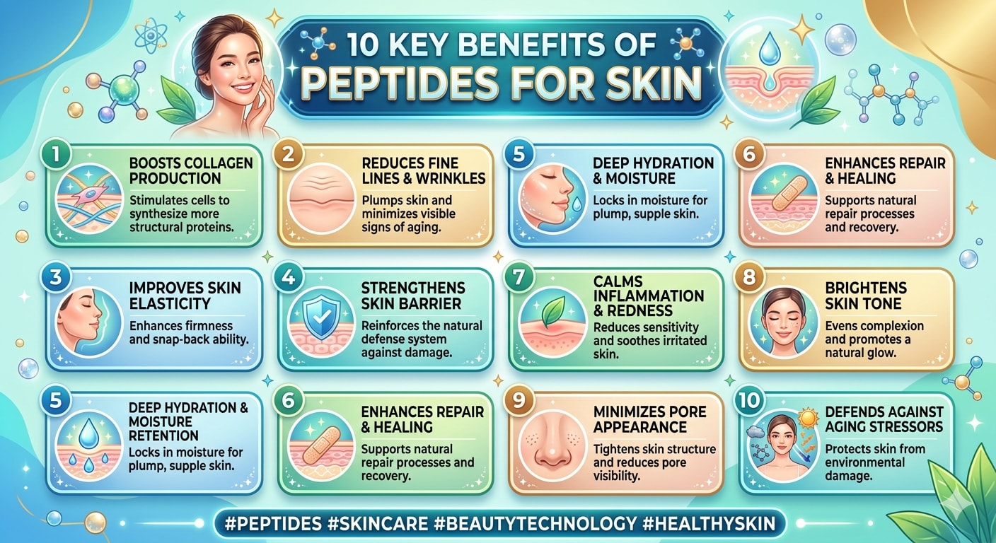 Infographic showing 10 benefits of peptides for skin