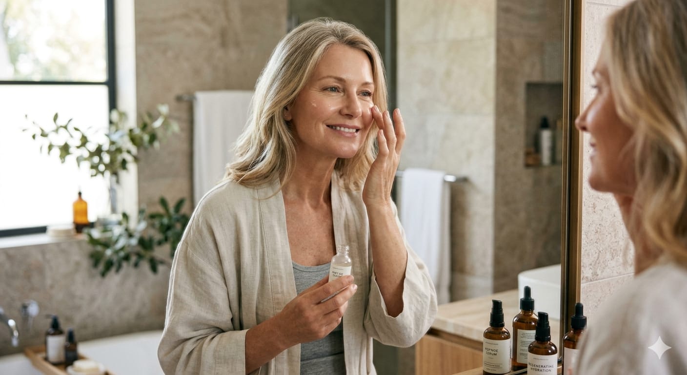 Mature woman with firmer younger-looking skin using peptide skincare