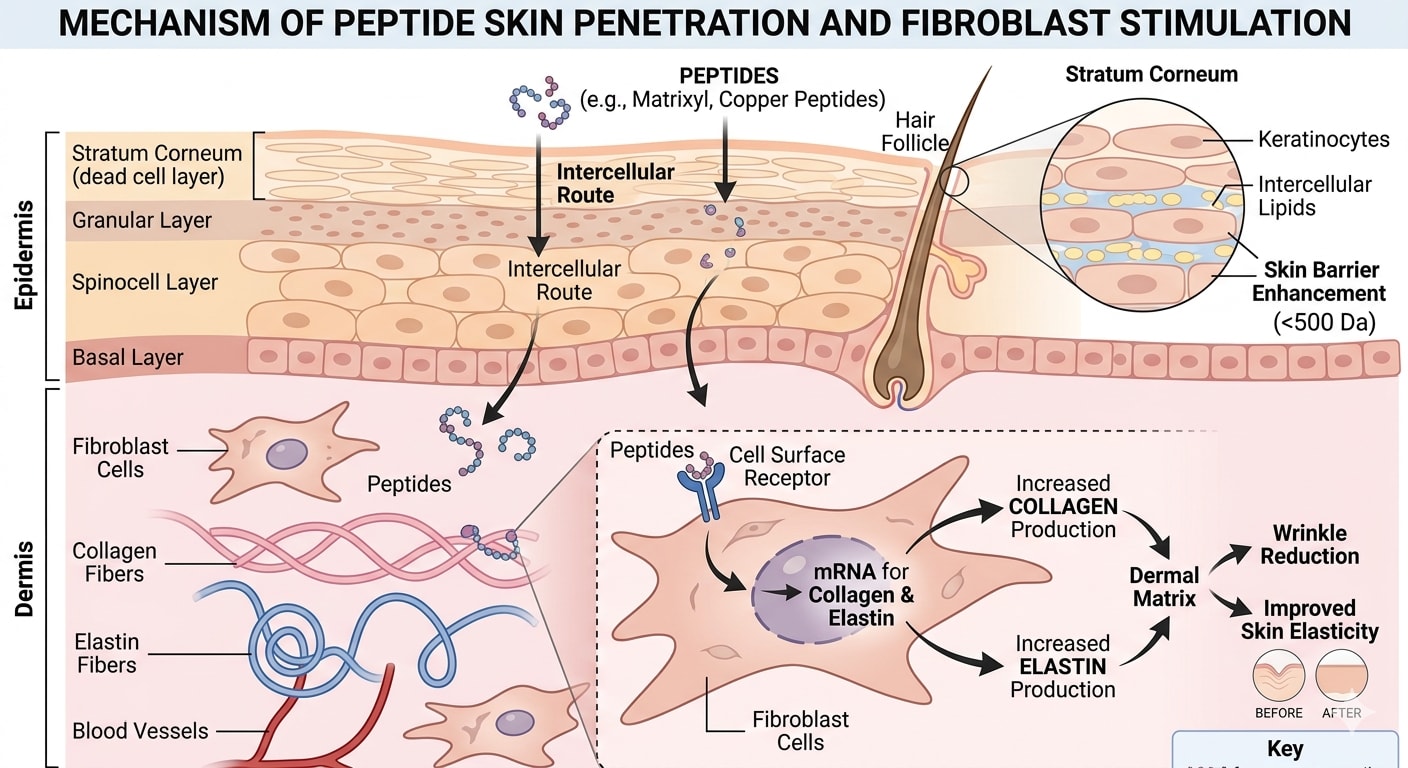 Diagram showing how peptides penetrate skin and stimulate fibroblast cells