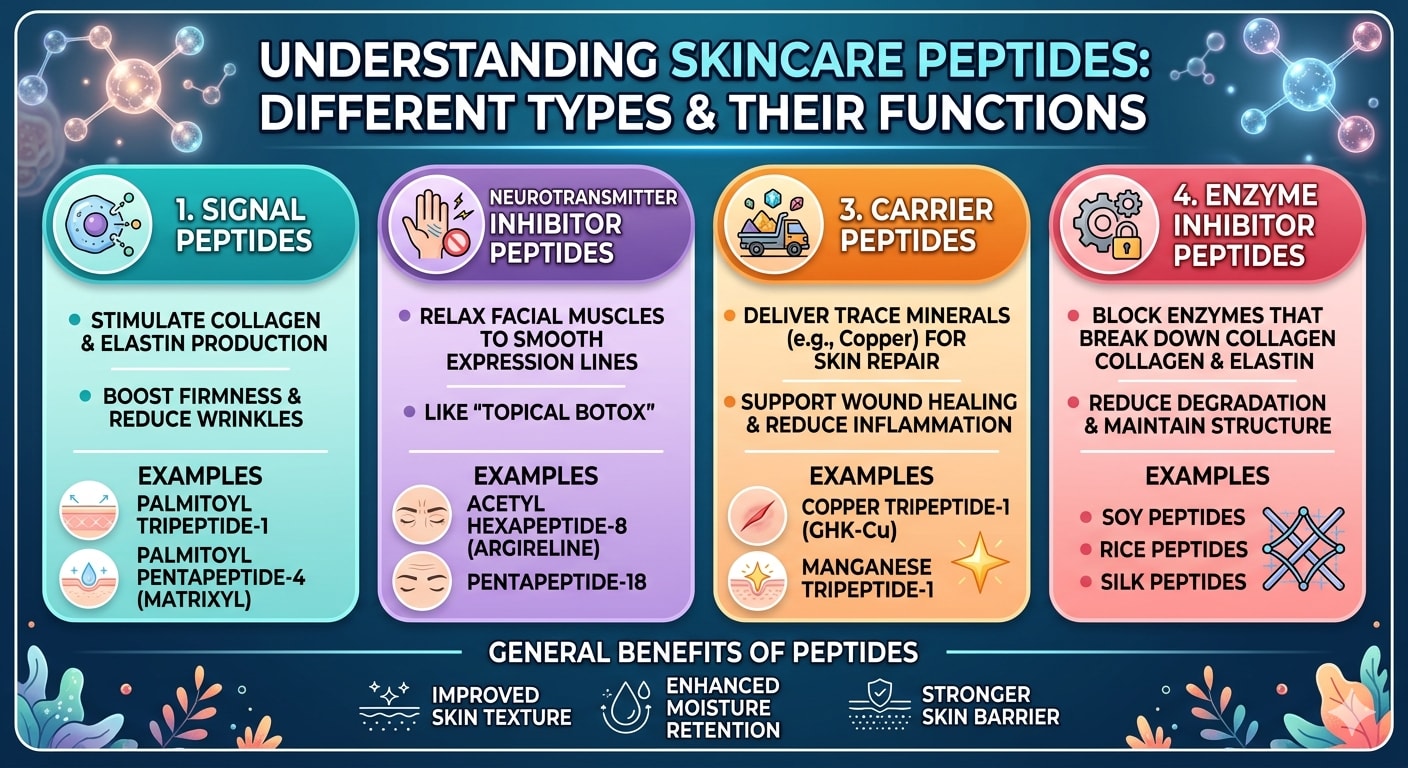 Infographic showing different types of skincare peptides and their functions