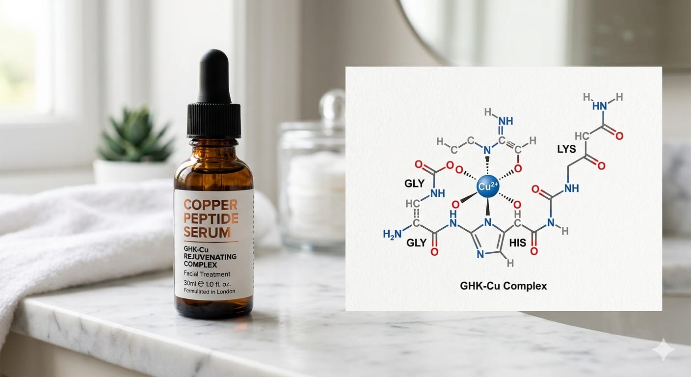 Copper peptide serum bottle with molecular structure diagram