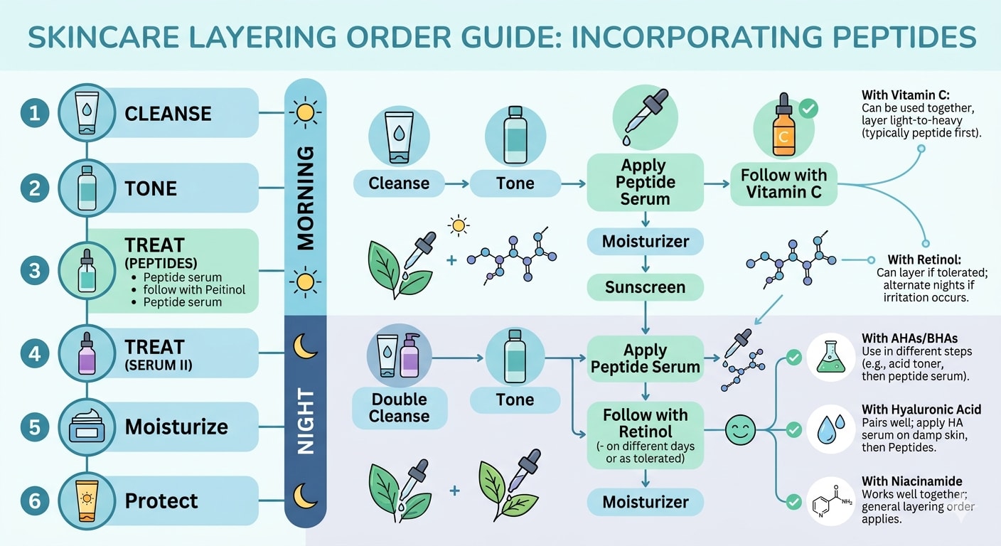 Skincare layering order chart showing peptides with other ingredients