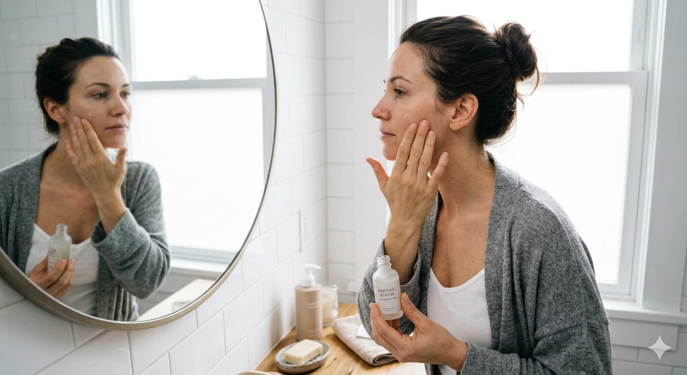 Woman applying peptide serum to face correctly
