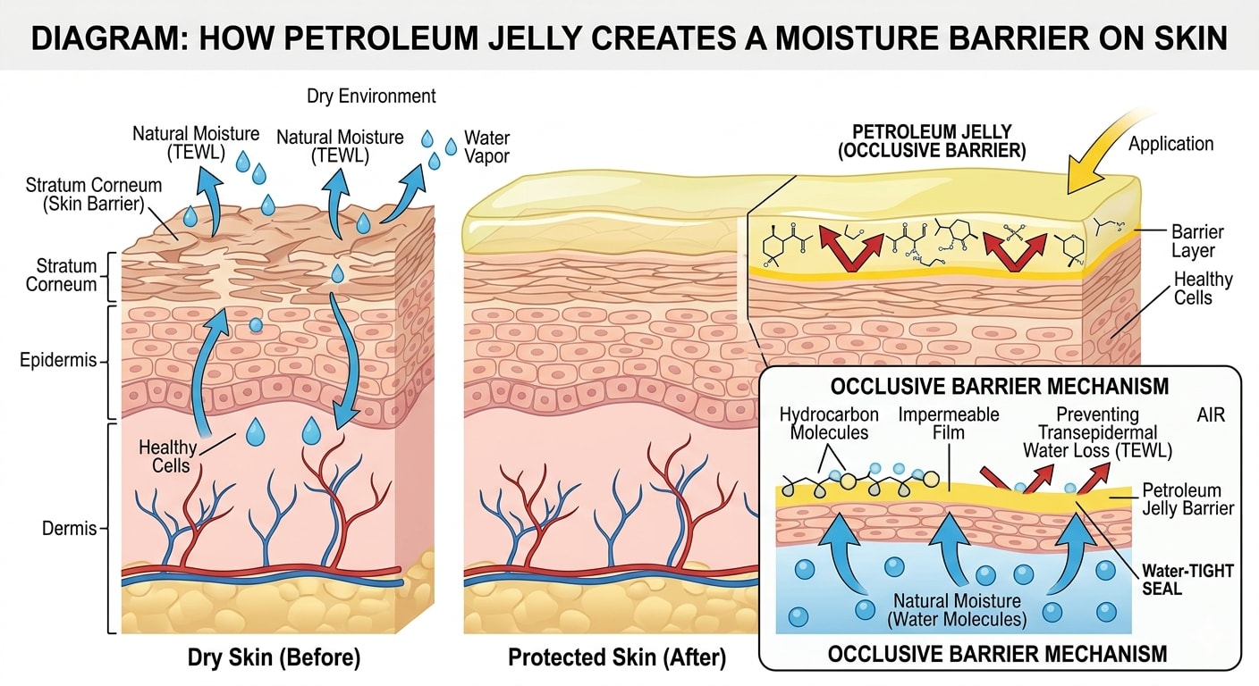 Diagram showing how petroleum jelly creates barrier on skin
