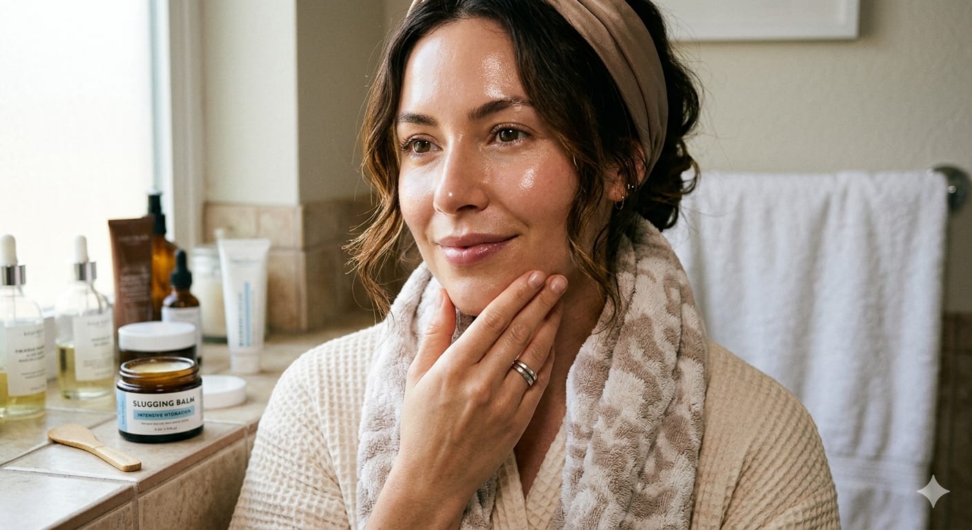 Woman with glowing skin after slugging treatment