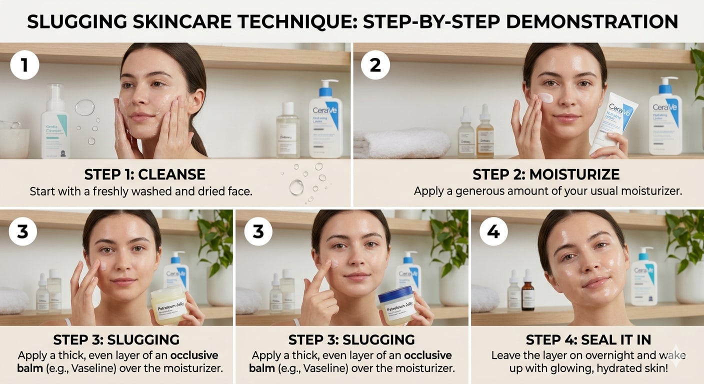 Slugging skincare technique step by step demonstration