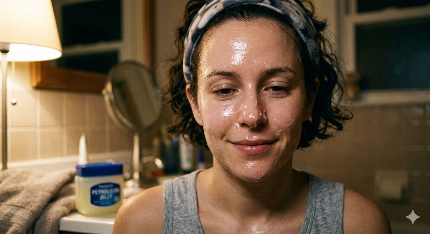 Woman with shiny face from slugging petroleum jelly treatment