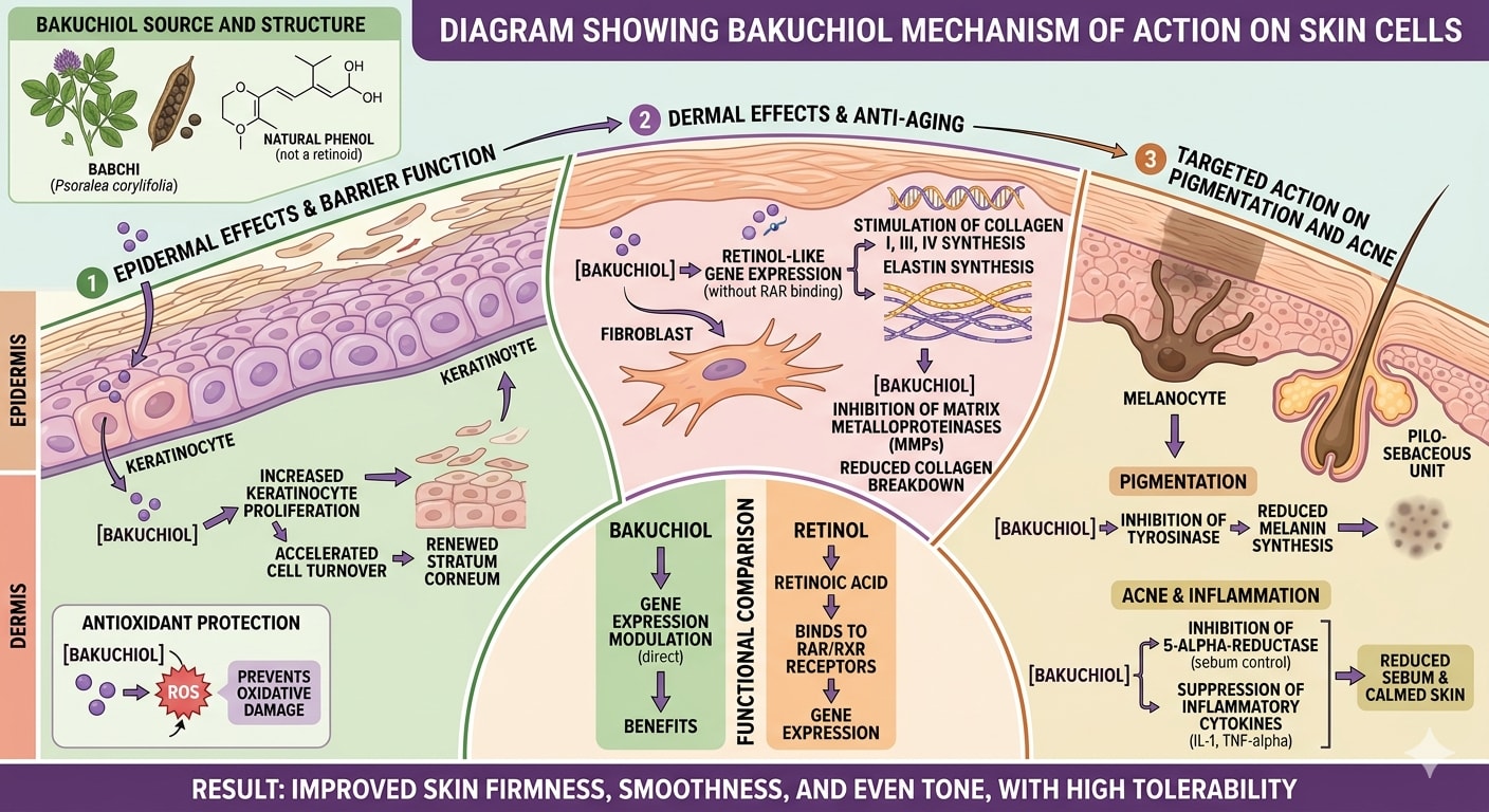Diagram showing bakuchiol mechanism of action on skin cells