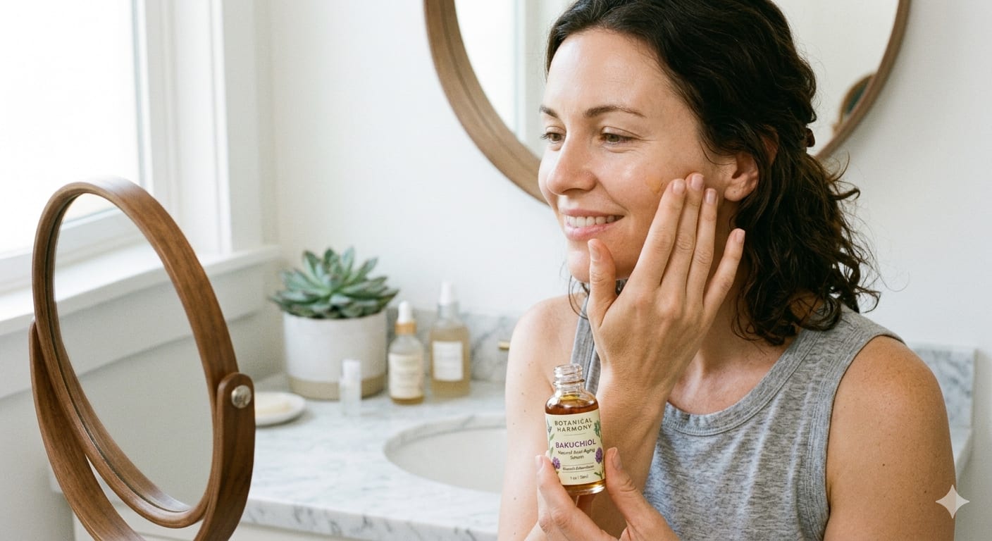 Woman with smooth youthful skin using bakuchiol natural anti-aging