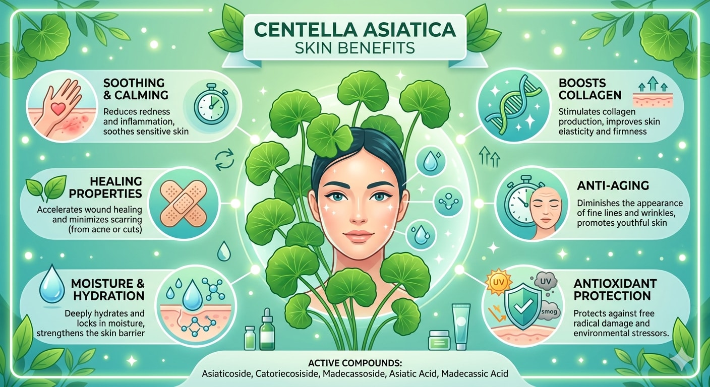 Infographic showing centella asiatica skin benefits