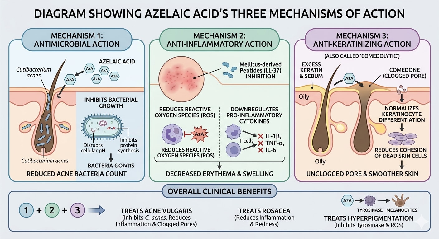 Diagram showing azelaic acid's three mechanisms of action