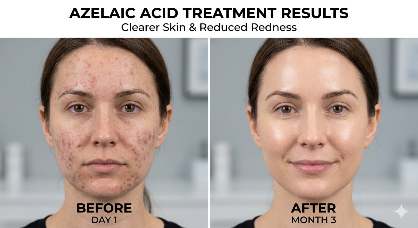 Before and after results of azelaic acid treatment for clear skin