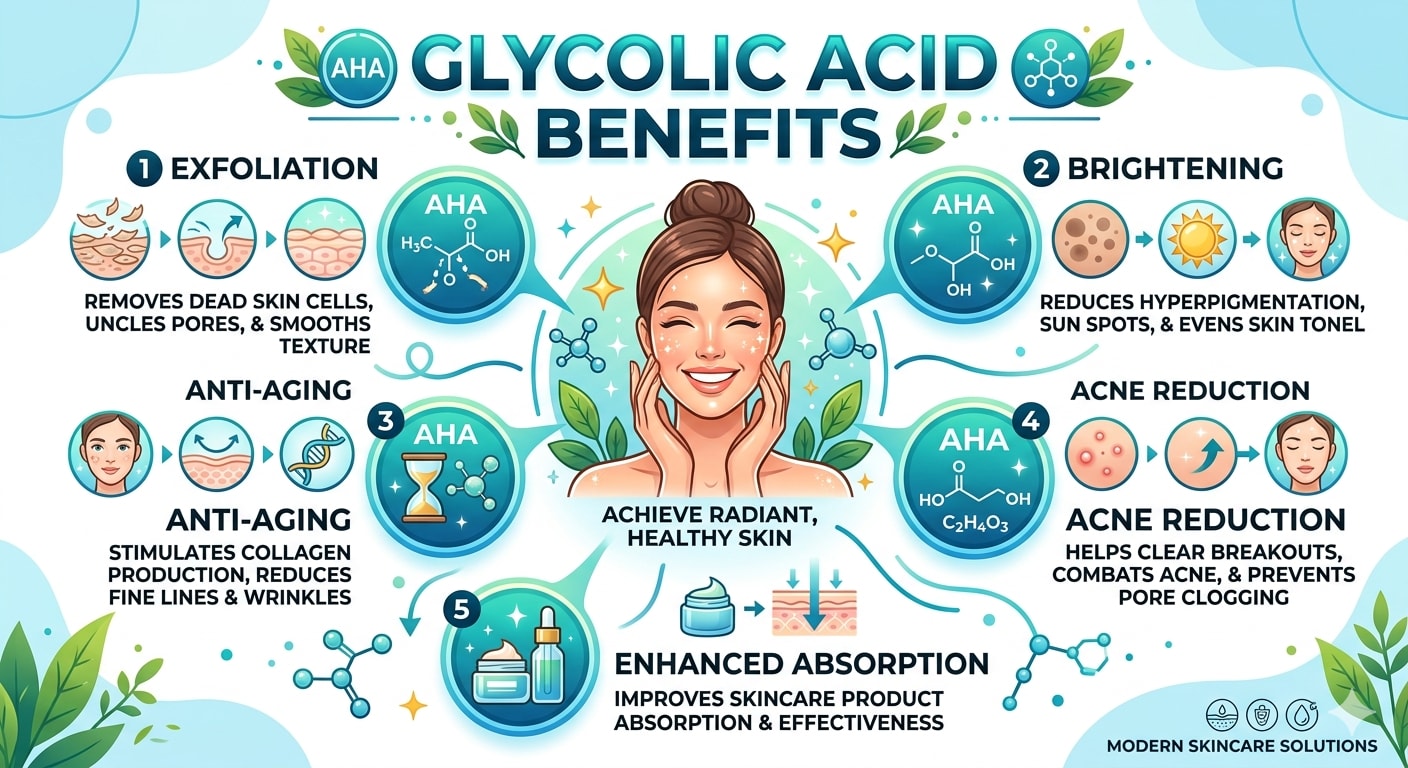 Infographic showing glycolic acid benefits