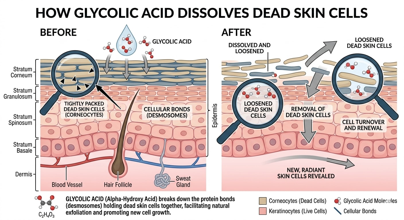 Diagram showing glycolic acid dissolving dead skin cells
