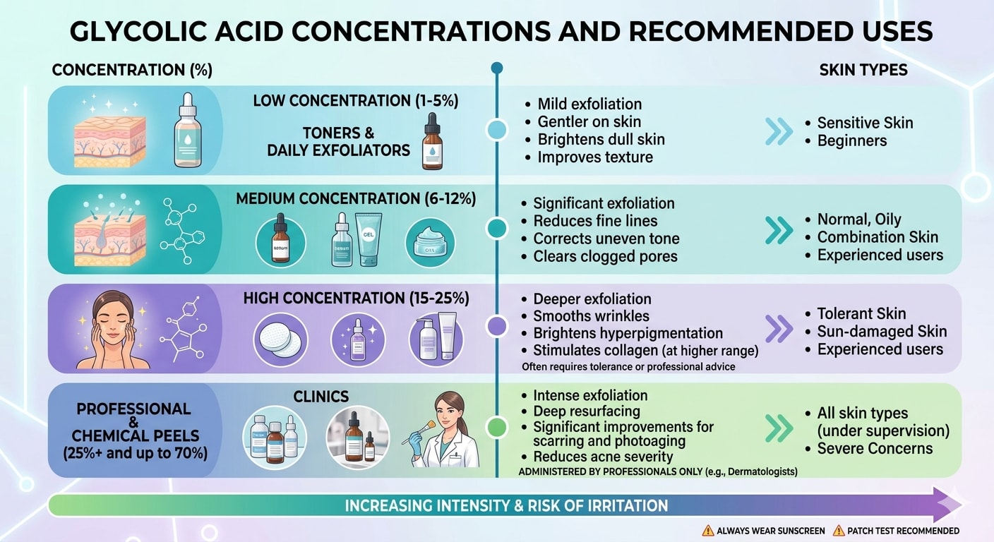 Chart showing glycolic acid concentrations and recommended uses