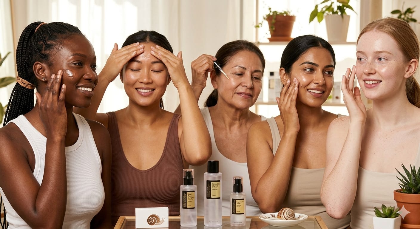 Diverse skin types benefiting from snail mucin