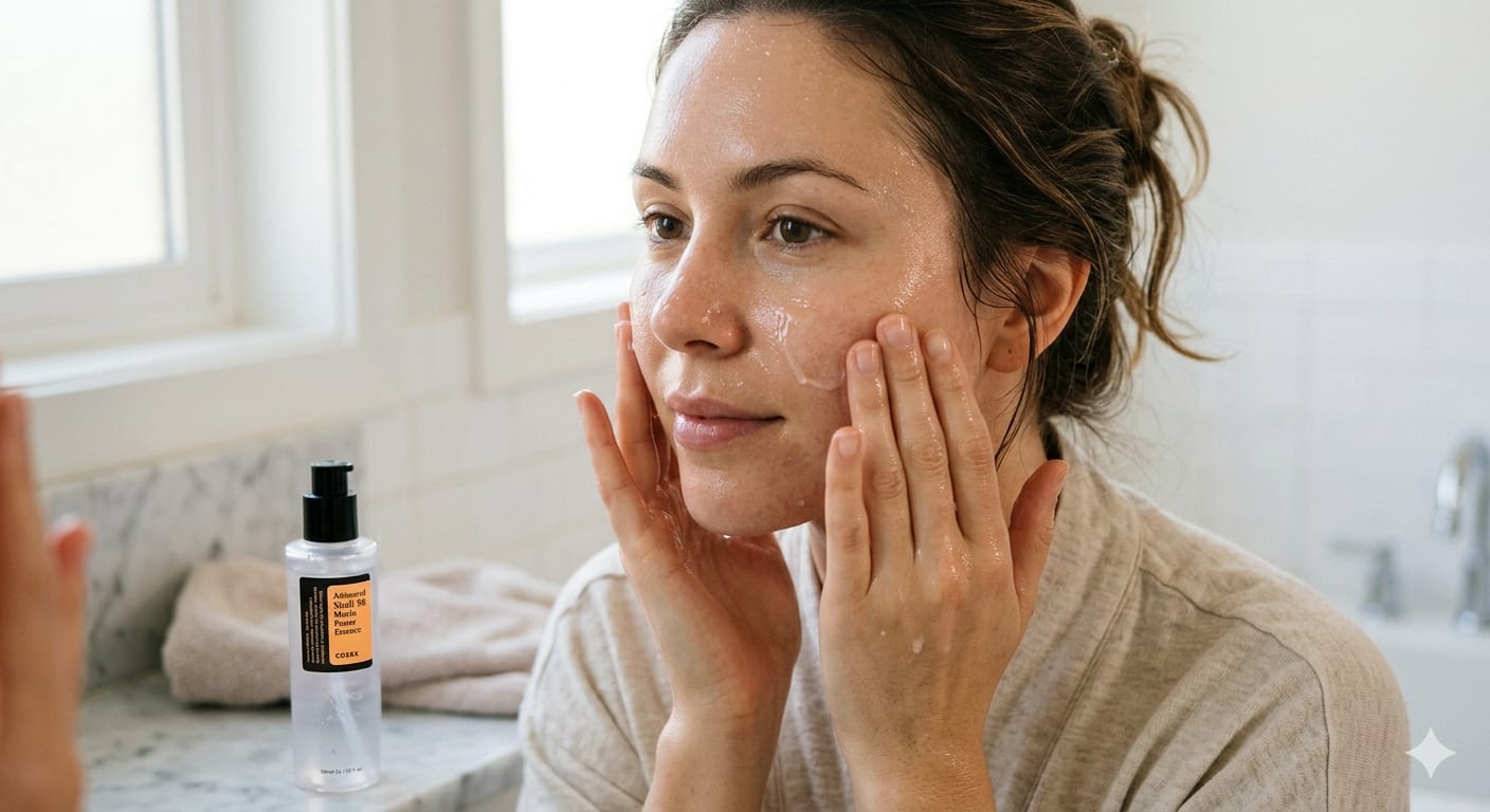 Applying snail mucin essence to damp skin