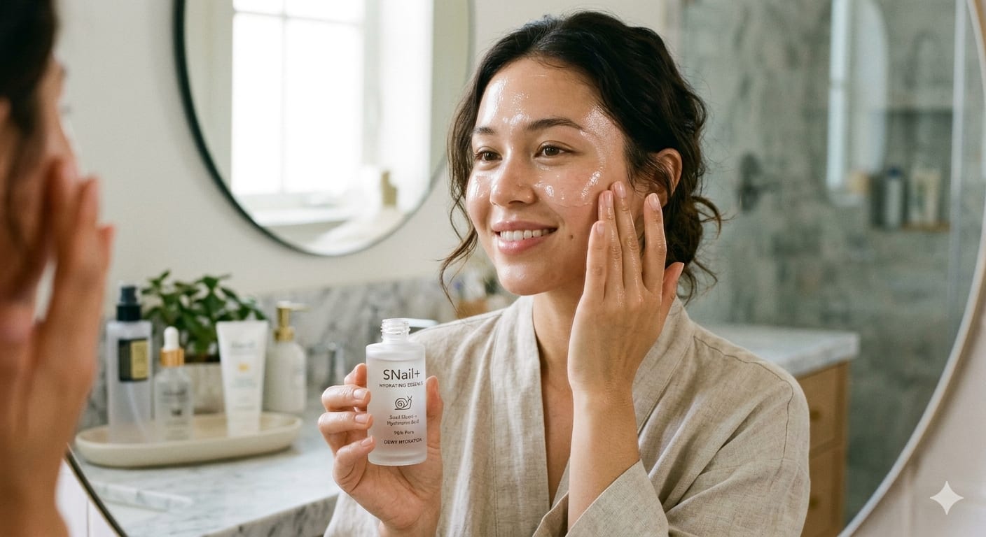 Woman with dewy hydrated skin using snail mucin essence
