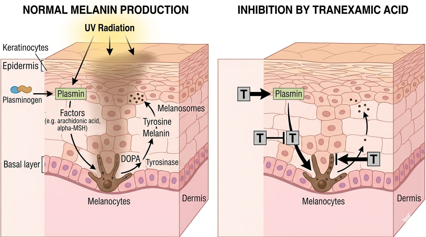Diagram showing melanin production and how tranexamic acid inhibits it