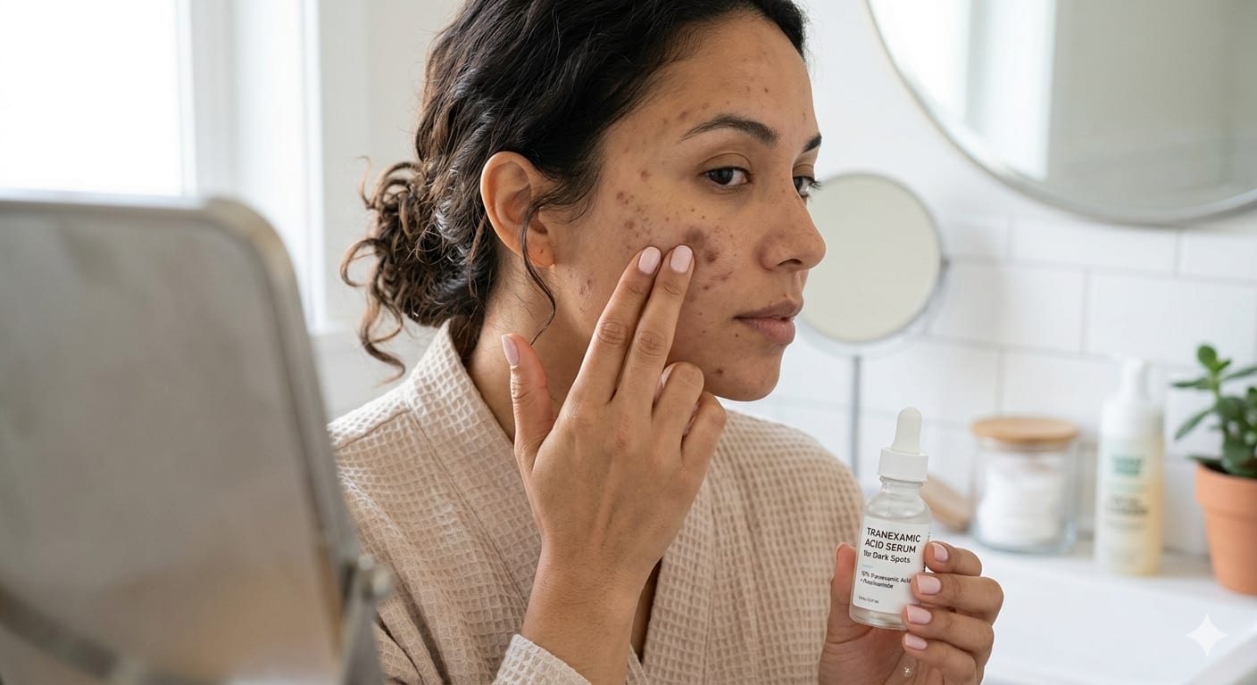 Woman applying tranexamic acid serum for dark spot correction