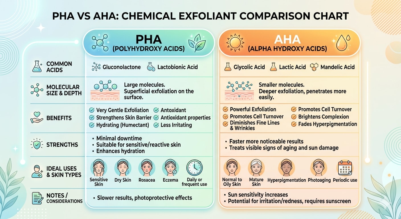 Comparison chart showing PHA vs AHA benefits, strengths, and ideal uses