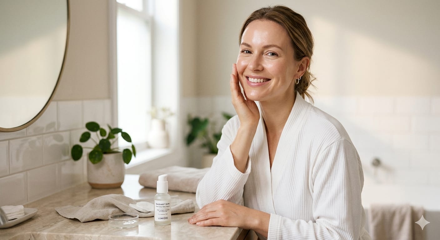 Woman with calm, glowing skin demonstrating PHA benefits
