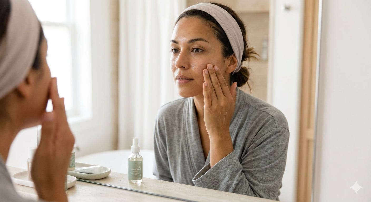 Woman applying PHA toner or serum with proper technique