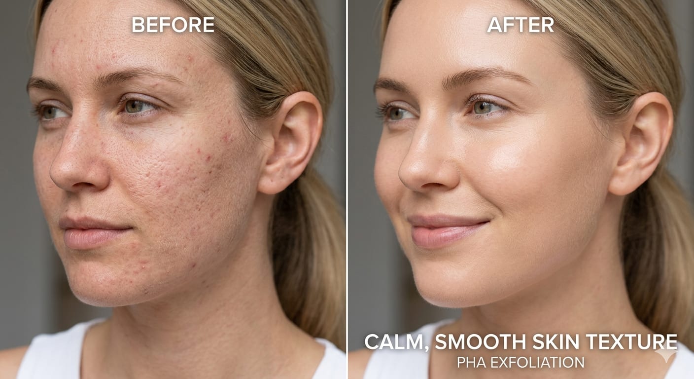 Before and after comparison showing calm, smooth skin texture after PHA exfoliation