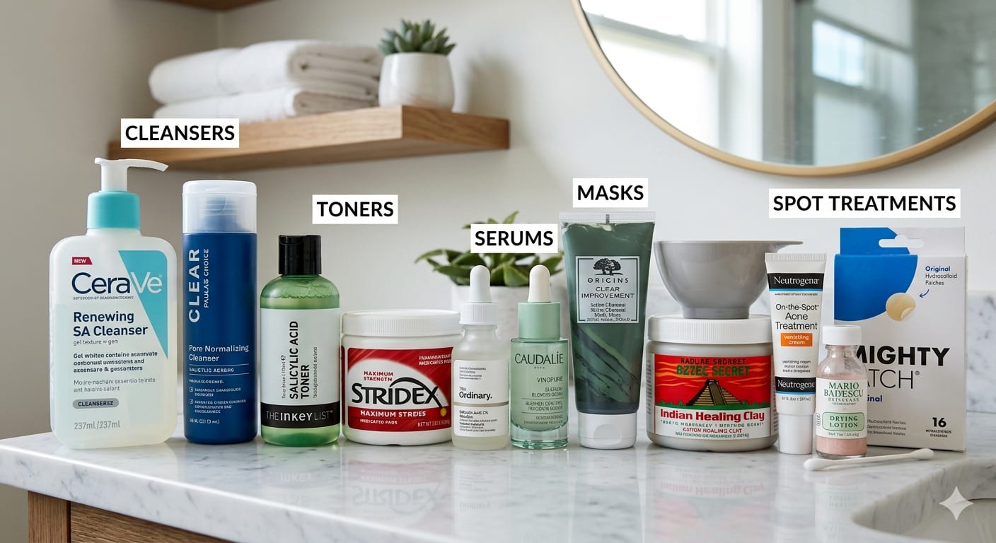 Various salicylic acid products: cleansers, toners, serums, masks, spot treatments