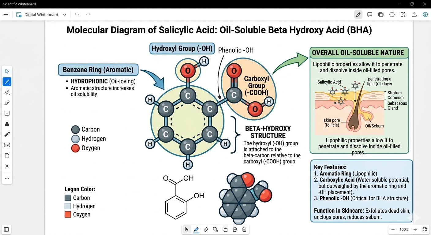 Molecular diagram of salicylic acid showing oil-soluble beta hydroxy structure