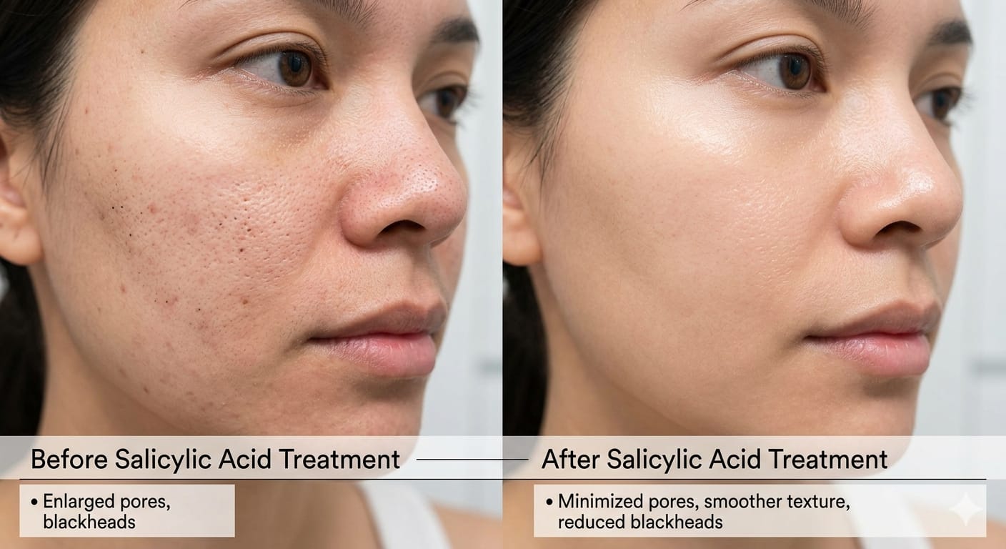 Before and after comparison showing clear pores and smooth skin after salicylic acid treatment