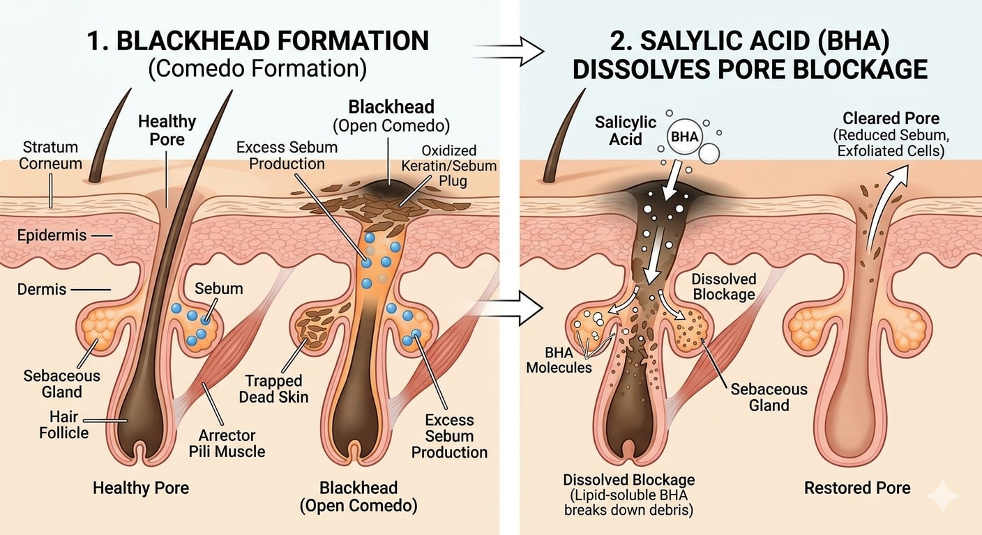 Diagram showing blackhead formation and how salicylic acid dissolves pore blockages