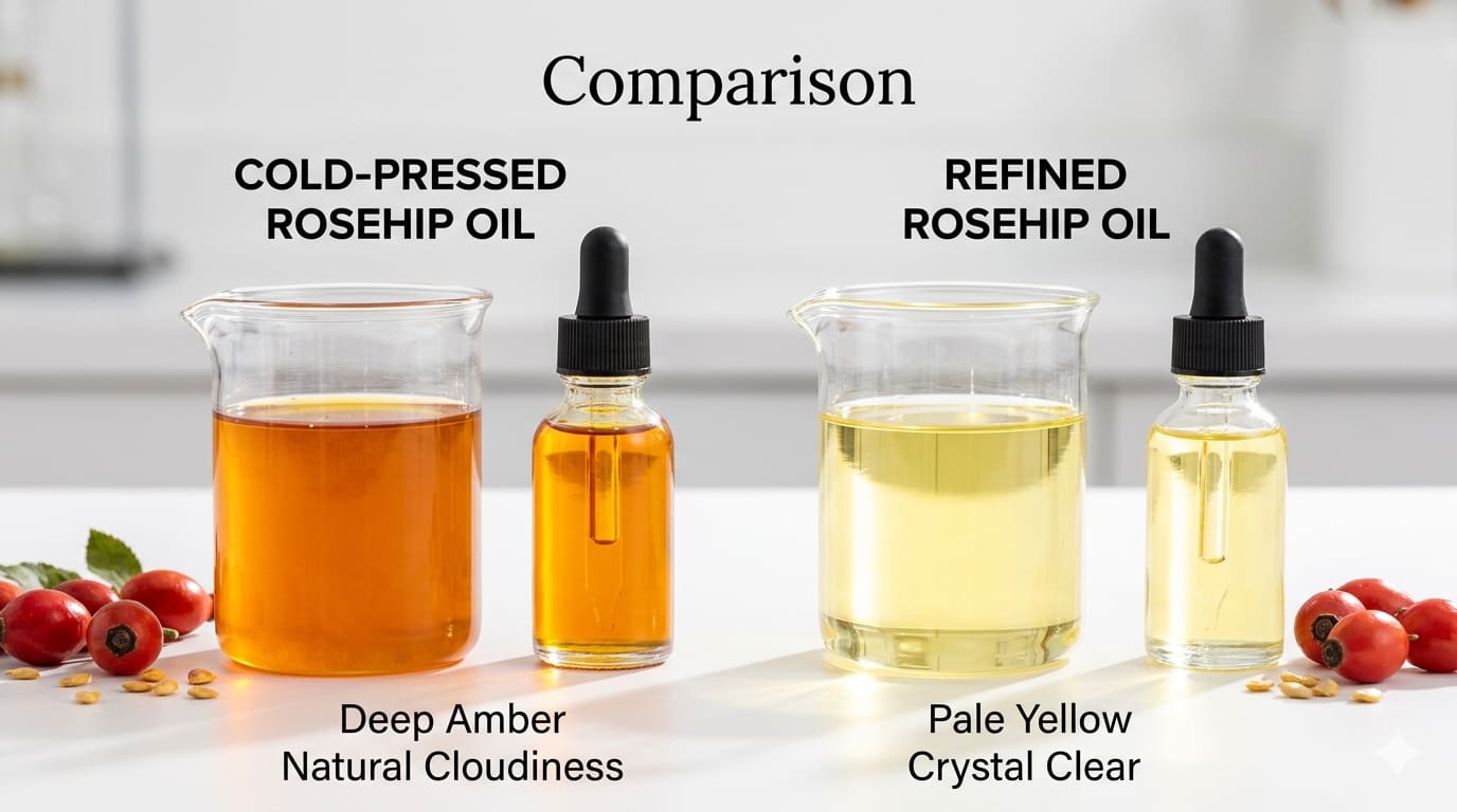 Comparison between cold-pressed and refined rosehip oil showing color and clarity differences