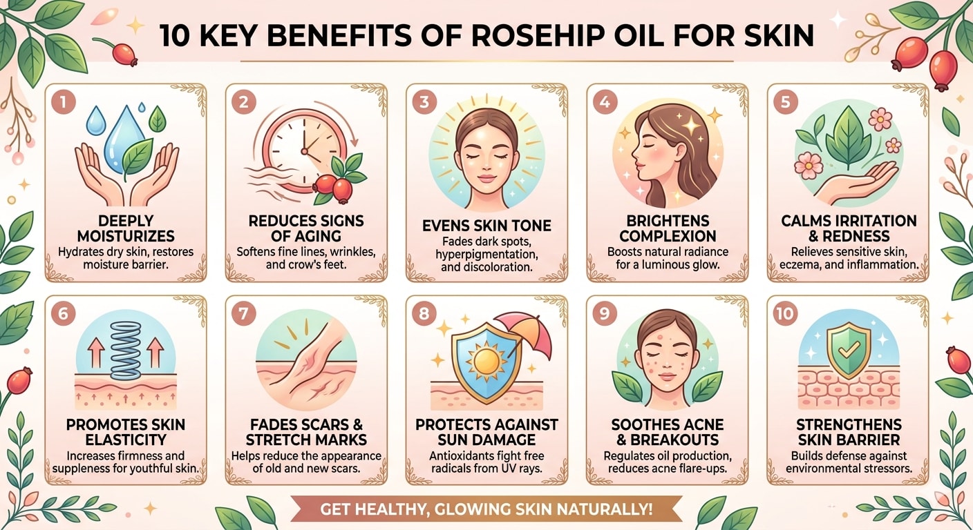 Infographic showing 10 key benefits of rosehip oil for skin