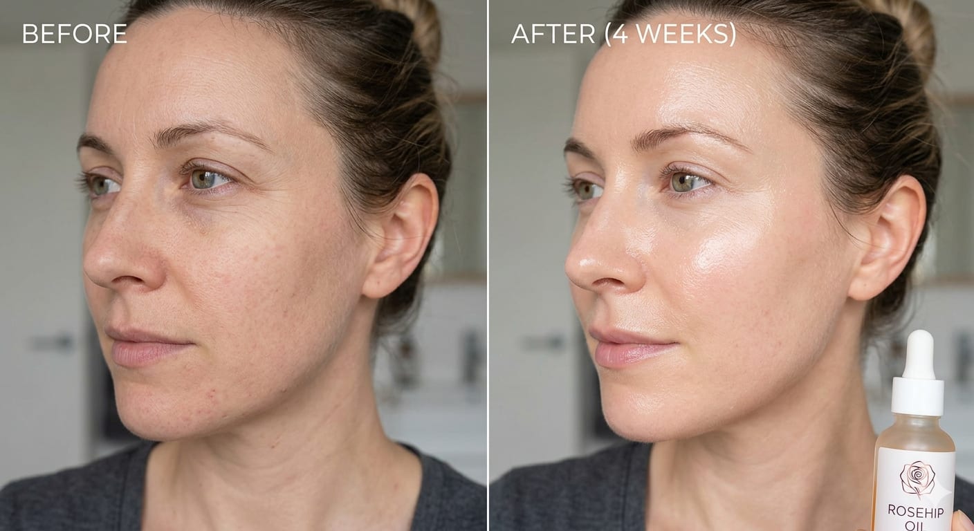 Before and after comparison showing improved skin texture, reduced fine lines, and radiant glow with rosehip oil use