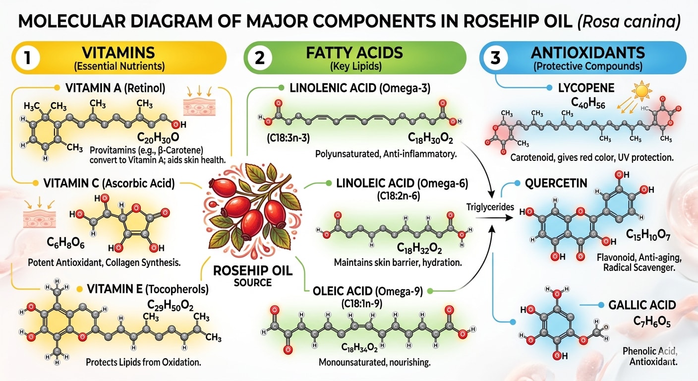 Molecular diagram showing vitamins, fatty acids, and antioxidants in rosehip oil