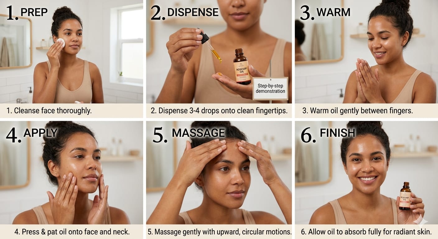 Step-by-step demonstration of proper rosehip oil application technique