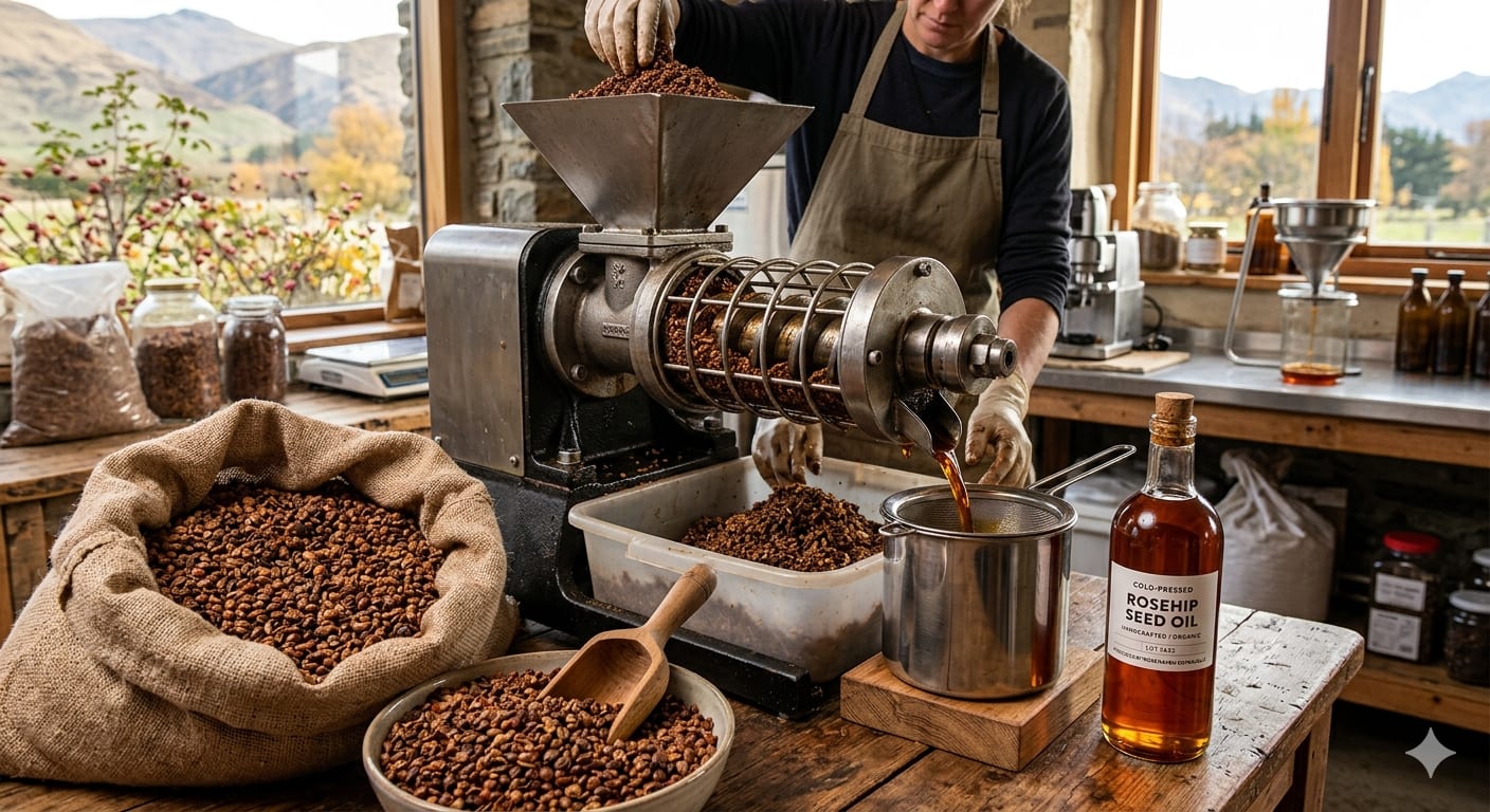 Rosehip seeds and cold-pressed rosehip oil extraction process