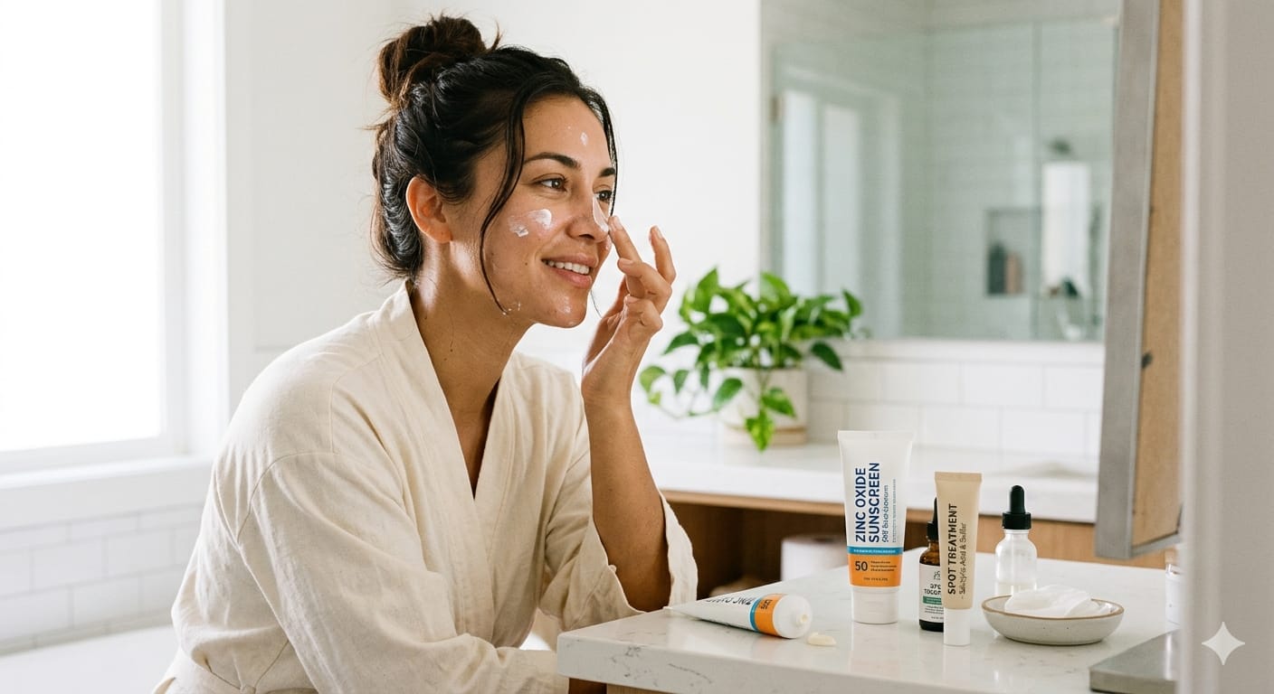 Woman applying zinc oxide sunscreen and spot treatment in skincare routine