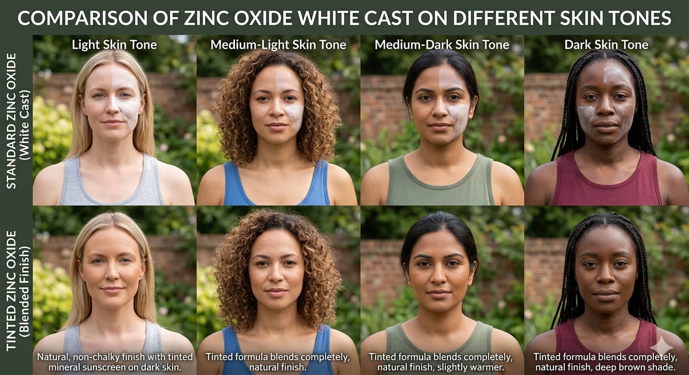 Comparison of zinc oxide white cast on different skin tones with and without tinted formulas