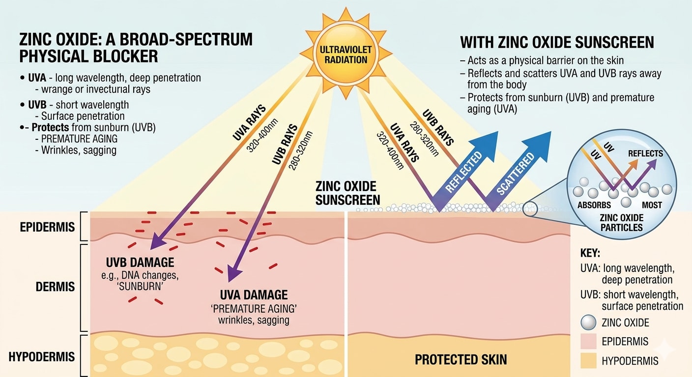 Diagram showing UVA and UVB ray protection by zinc oxide sunscreen