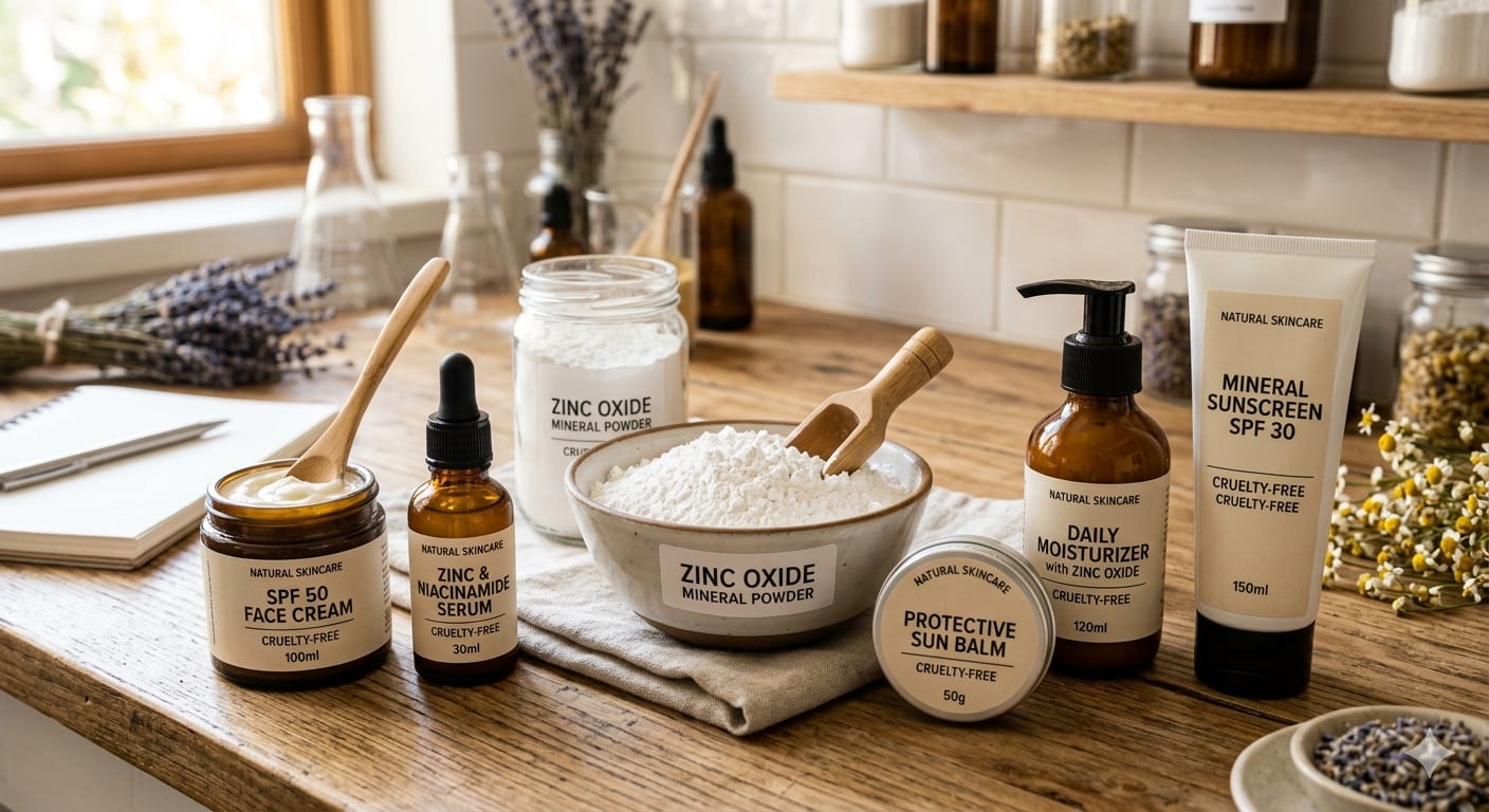 Zinc oxide mineral powder and various skincare formulations